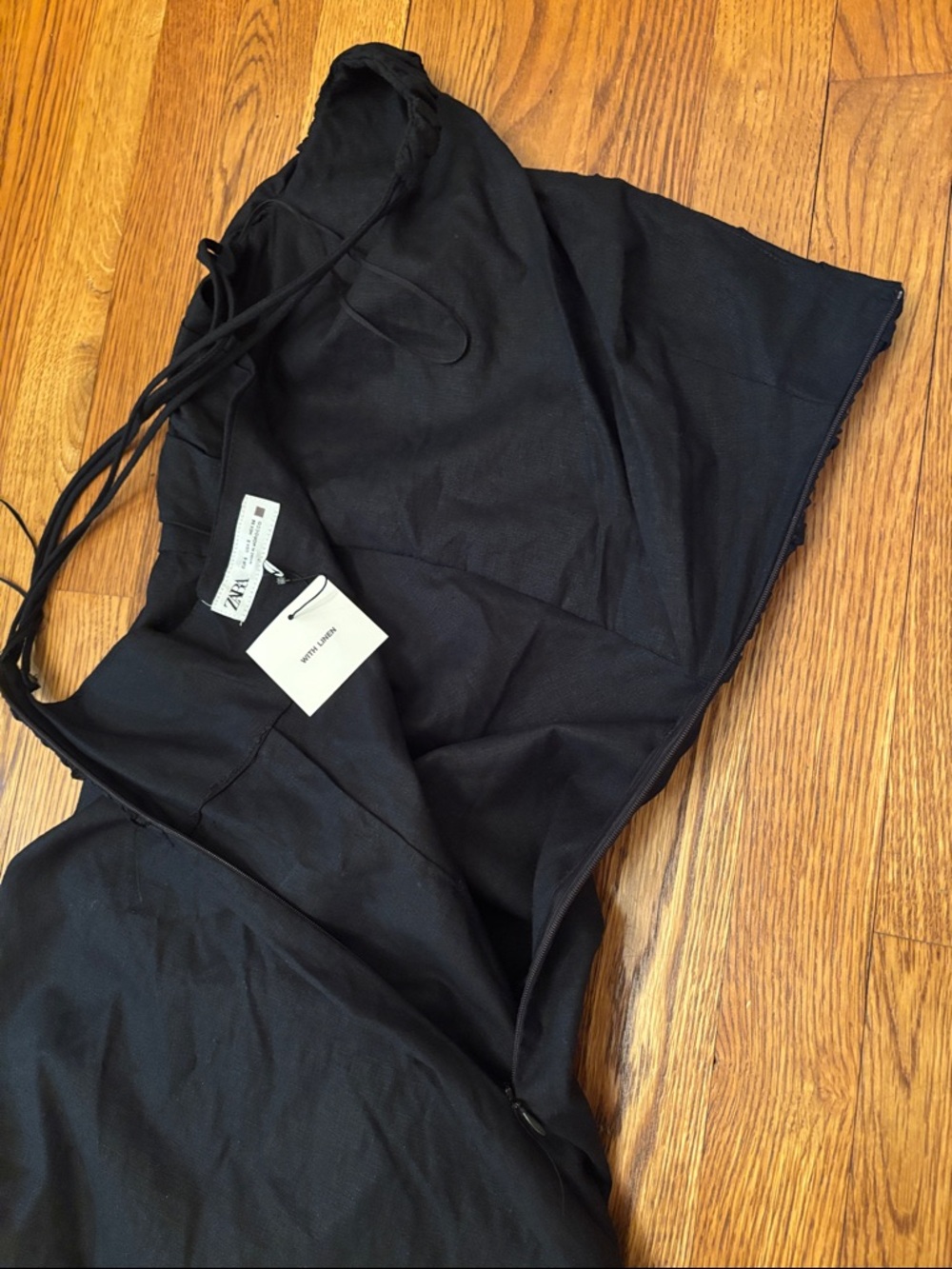 Zara draped ruched linen blend one shoulder front slit black midi dress sz.S - Picture 9 of 11